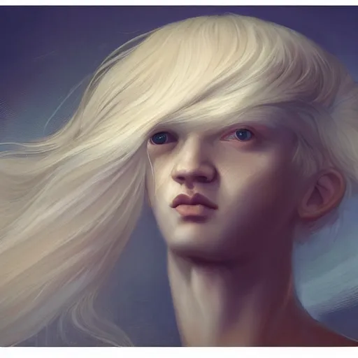 Image similar to prompt portrait of a beautiful androgynous blond man, albino pale white skin and long fluffy curly blond hair, Center parted curtain bangs, close up view, head and upper body, looking upward, fullface, light from above, by Peter Mohrbacher, trending on artstation, 8k