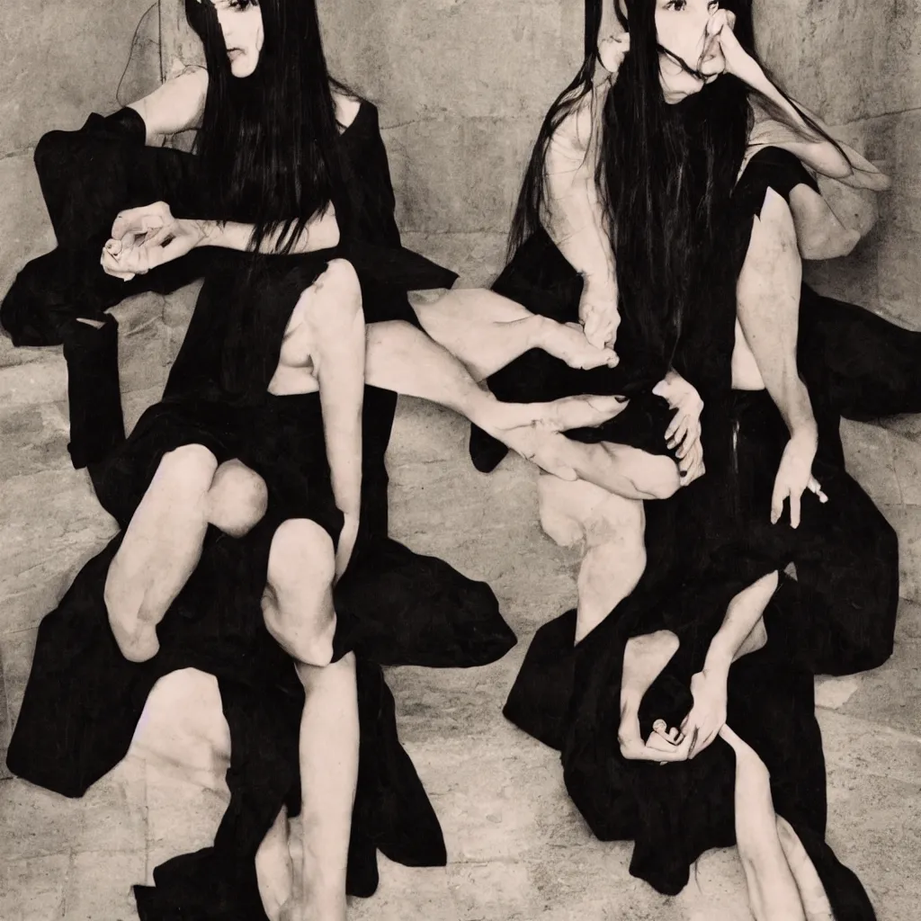 Image similar to a young girl with straight long black hair wearing black dress and sitting on bathroom floor, art by artgem with help of mario testino and vanessa beecroft