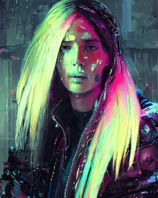 Prompt: detailed portrait Neon guard girl with long straight blonde hair seen from the back, cyberpunk futuristic, reflective puffer jacket, black leggings, decorated with traditional ornaments in front of a dystopian crowd with piles of garbage by Ismail inceoglu dragan bibin hans thoma, Perfect face, fine details, realistic shaded, fine-face, pretty face
