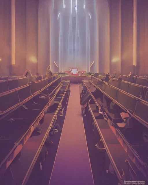 Prompt: moebius and ghibli digital matte art of a crowd in a futuristic church, priest, pews, ethereal, inviting, bright, unreal engine, hyper realism, realistic shading, cinematic composition, realistic render, octane render, detailed textures, photorealistic, wide shot