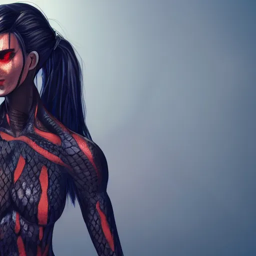 Prompt: snake human hybrid, chest up human lower half snake, black scales, bright amber eyes, chest covered in scales, scales on her chest, formless brests, flat chest, smileing nright, cinematographic shot, artstation, haahn trinh, naga