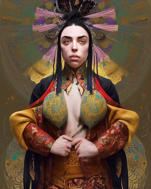 Image similar to portrait of a turkish masculine female billie eilish cyberpunk machine, machine face, full body portrait, decorated with ottoman opera motifs, muscular, asian, fine china, wuxia, traditional chinese art, intricate intense elegant, highly detailed symmetry headpiece digital painting artstation concept art smooth sharp focus illustration, art by artgerm and greg rutkowski alphonse mucha 8 k