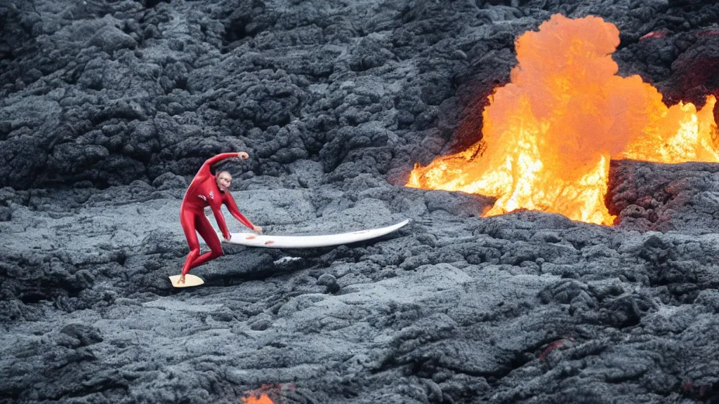 Image similar to medium shot of a person wearing a sponsored team jersey surfing down a river of lava on the side of a volcano on surfboard, action shot, dystopian, thick black smoke and fire, sharp focus, medium shot