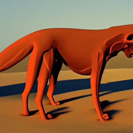 Prompt: xoloitzcuintli dog in the atacama desert at dusk, hungry and drooling, cracking bones, futuristic, by moebius