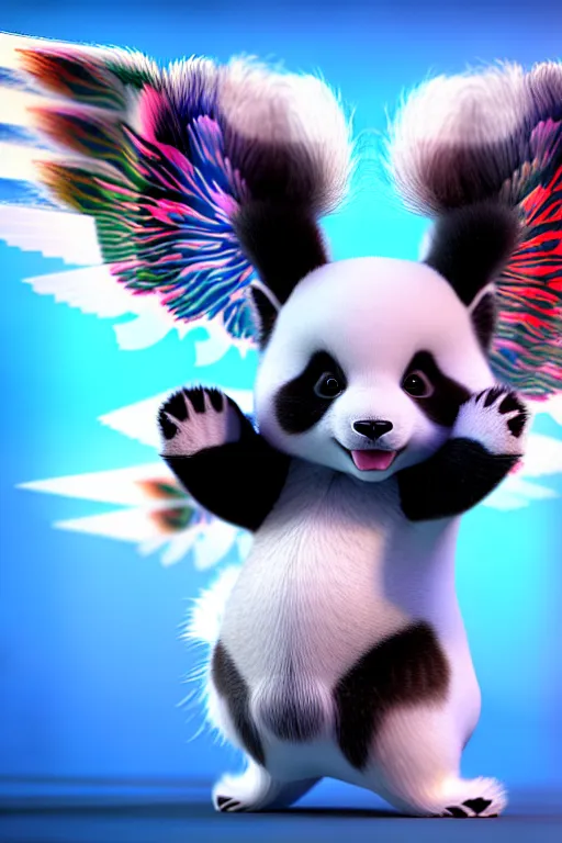 Prompt: high quality 3 d render hyperrealist very cute multicolor stripped fluffy! panda phoenix hybrid with wings!!!, highly detailed, vray smooth, in the style of detective pikachu, hannah yata charlie immer, dramatic blue light, low angle, uhd 8 k, sharp focus