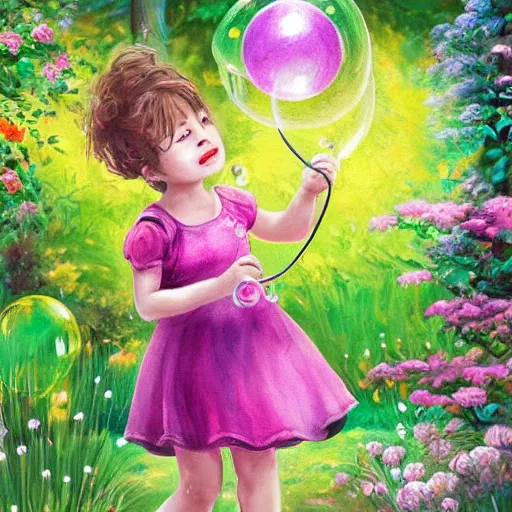 Image similar to a little girl in a beautiful garden blowing bubbles. beautiful cartoon painting art, high quality, detailed face