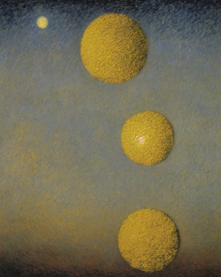 Prompt: achingly beautiful painting of a the moon on a gold background by rene magritte, monet, and turner. piranesi.