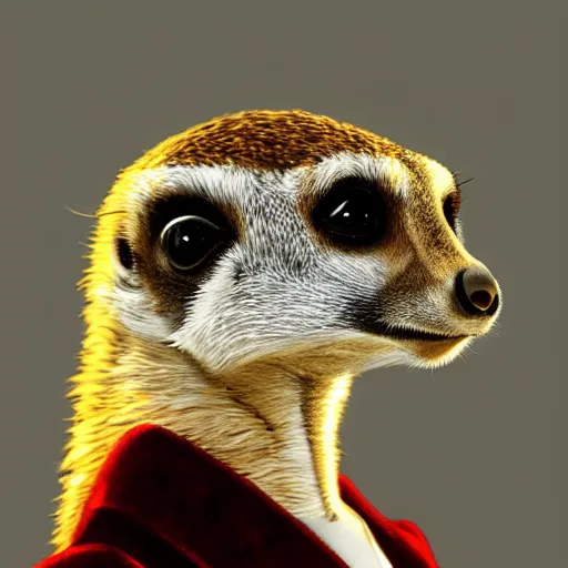 Prompt: Portrait of a meerkat in a red velvet suit with a tobacco pipe and monocle, elegant, fantasy, 8k, artstation, very high detail, photorealistic, sharp focus, illustration, concept art, volumetric lighting