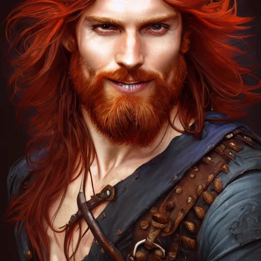 Image similar to portrait of a young ruggedly handsome but joyful pirate, male, masculine, upper body, red hair, long hair, d & d, fantasy, soft smirk, intricate, elegant, highly detailed, digital painting, artstation, concept art, matte, sharp focus, illustration, art by artgerm and greg rutkowski and alphonse mucha