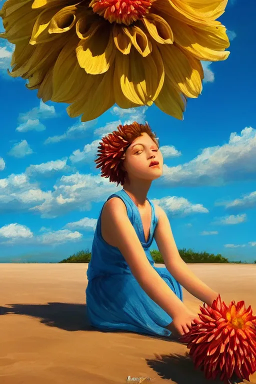 Image similar to closeup giant dahlia flower head, girl sitting on beach, surreal photography, blue sky, sunrise, dramatic light, impressionist painting, digital painting, artstation, simon stalenhag