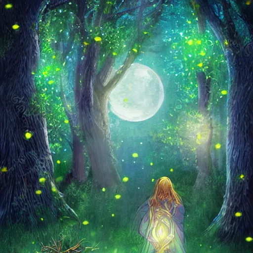 Prompt: female druid casting spells in an enchanted forest, fireflies, moonlight. fantasy art.