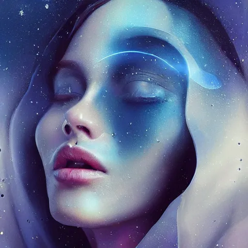 Prompt: sci - fi, close - up, 3 d, moon rays, stars, fashion model face closed eyes, cinematic, clouds, sun rays, vogue cover style, poster art, blue mood, realistic painting, intricate oil painting, high detail illustration, figurative art, multiple exposure, water, 3 d, by tooth wu and wlop and beeple and greg rutkowski