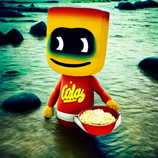Image similar to A polaroid photo of a cereal mascot standing in a shallow river, dreamy lighting, hi-res photo