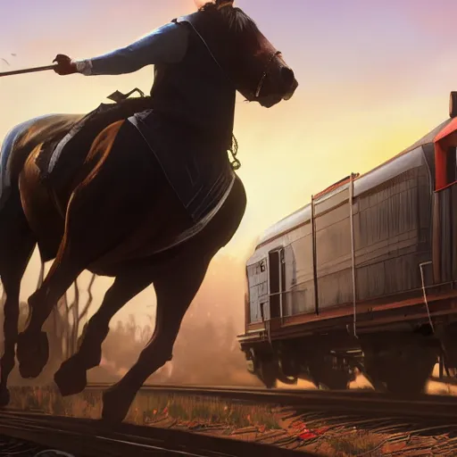 Prompt: Obama from Red Dead Redemption 2 riding a horse next to a train, ray tracing, 8k by artgerm and greg rutkowski