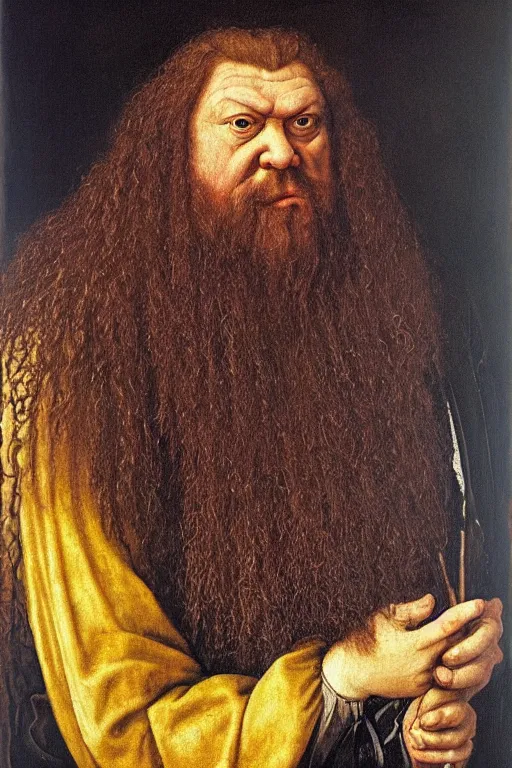 Image similar to portrait of hagrid, oil painting by jan van eyck, northern renaissance art, oil on canvas, wet - on - wet technique, realistic, expressive emotions, intricate textures, illusionistic detail