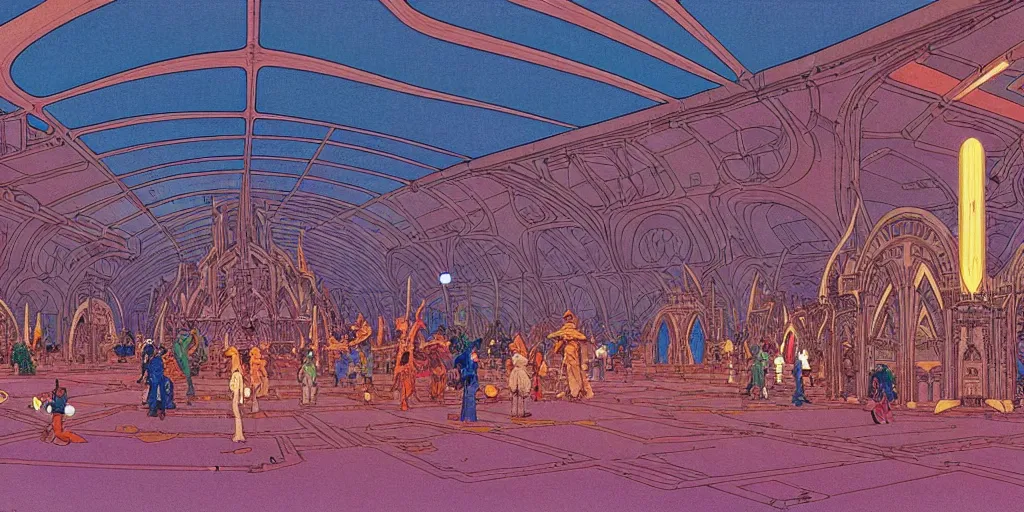 Image similar to cel shaded cinematic shot of the interior of a sci-fi space station with ornate Elven architecture bustling with people, epic castle, emerald, crystalline, detailed illustration, sharp focus, crisp lines, art by Moebius!!!, Jean Giraud Moebius!!! comic illustration
