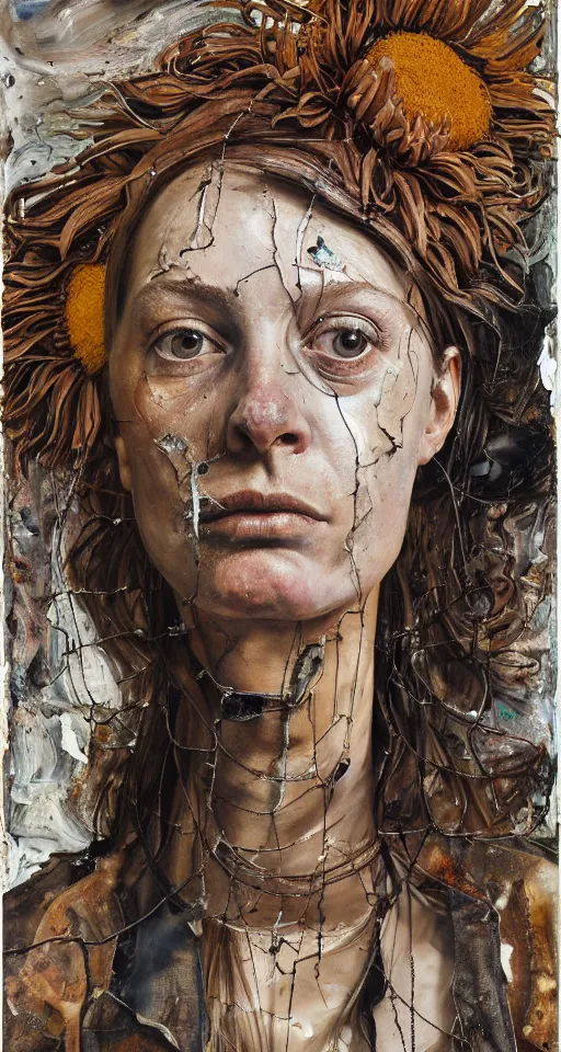 Prompt: a full length portrait of a very ordinary young woman with a sad expression, Anselm Kiefer and Lucian Freud and Jenny Saville, oil painting, rust, Scaffolding, rusted metal and sunflowers, iron cladding, decay, mixed media, textured, anatomically correct, beautiful perfect face, visible brushstrokes, sharp focus, twisted wire, Highly Detailed, photographic emulsion cracked and peeling, Cinematic Lighting, 8k, HD