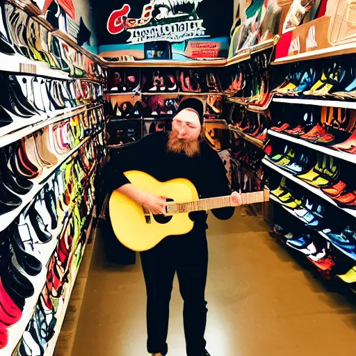 Prompt: a photograph of a man poorly cosplaying as a bear while holding a guitar, he is in a shoe store, he is standing in between long store isles, vivid color, 50mm