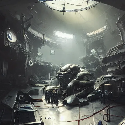 Image similar to inside of a alien hunters workshop, by Cedric Peyravernay, highly detailed, excellent composition, cinematic concept art, dramatic lighting, trending on ArtStation