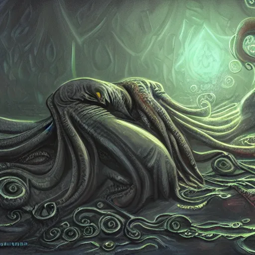 Prompt: cthulhu sleeps at r'lyeh. dramatic. wide angle. digital painting. trending on art station.