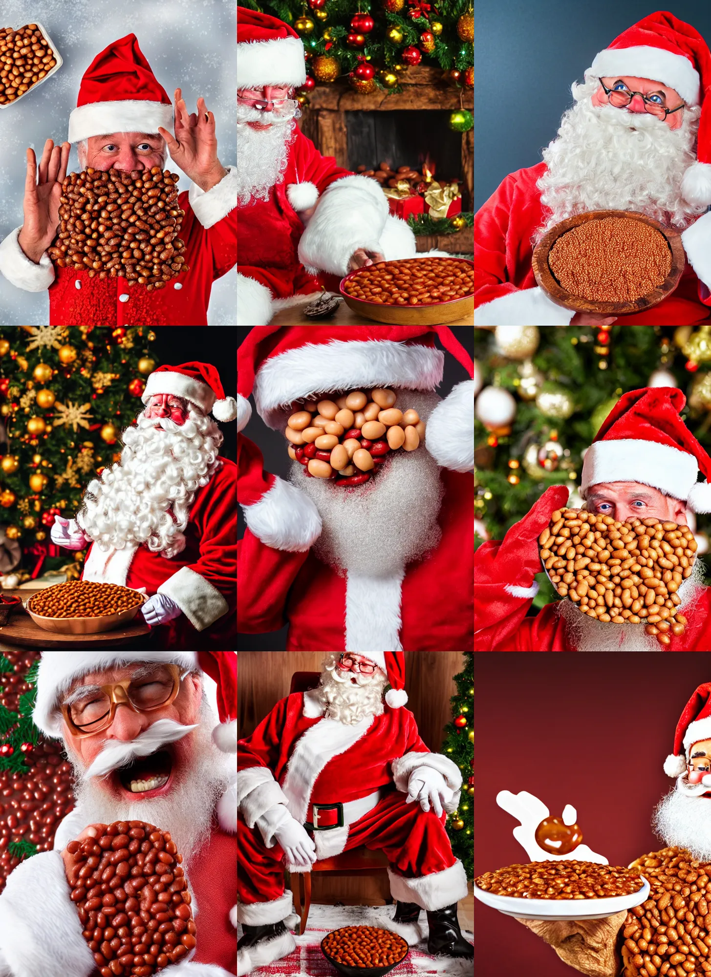 Prompt: santa claus covered in baked beans, dripping wetly with baked beans, photography 4 k