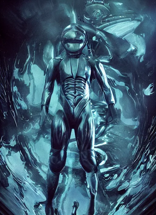 Image similar to astronauts in dark and empty void underwater - complex and hyperdetailed technical suit. reflection and dispersion materials. rays and dispersion of light. volumetric light. 5 0 mm, f / 3 2. noise film photo. flash photography. ultra realistic, wide angle. poster by wayne barlowe, hajime sorayama aaron horkey, craig mullins