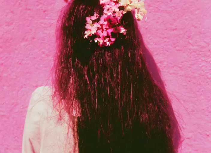 Image similar to color film photography, long shot of the back of a woman\'s head with interwoven flowers in center against a pink wall, daylight, 35mm