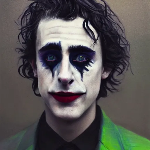 Image similar to cinematic portrait of timothee chalamet as the joker, perfect face, neon rain, moody, elegant, by alyssa monks, highly detailed, symmetrical face, fine details, masterpiece, trending on artstation