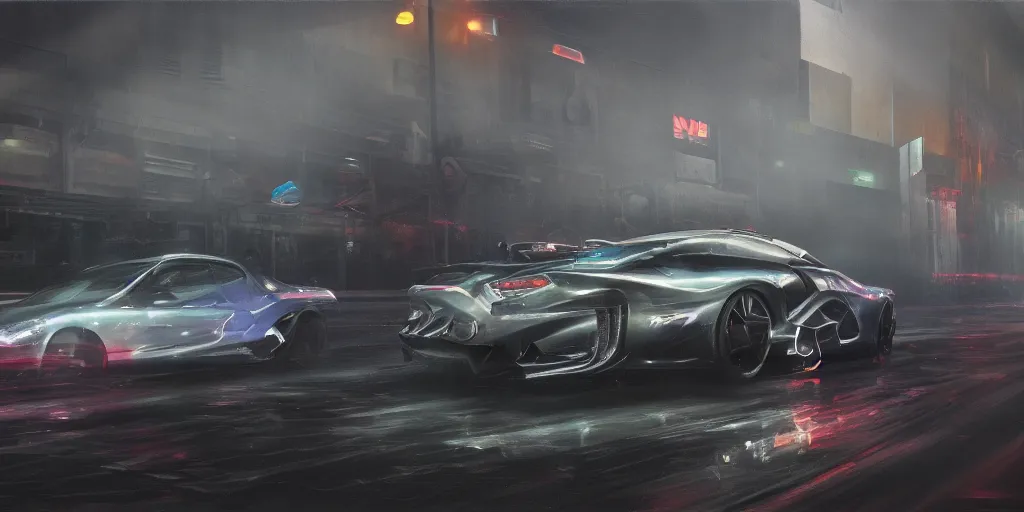 Image similar to full view of a sport car, surrounded in a detailed smoke, busy wet street at night, painted in dark color holographic pearlescent, elegant, digital painting, concept art, smooth, sharp focus, art style from Wang Ke and Greg Rutkowski and Bruce Kaiser and Scott Robertson and Dmitry Mazurkevich and Doruk Erdem and Jon Sibal, small style cue from Mad Max