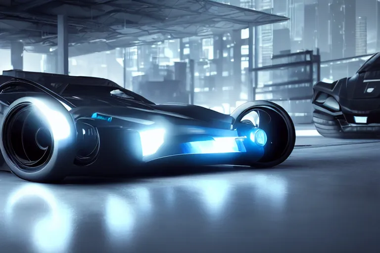 Image similar to cyberpunk batmobile concept inspired sports car, futuristic look, highly detailed body, very expensive, photorealistic camera shot, bright studio setting, studio lighting, crisp quality and light reflections, unreal engine 5 quality render