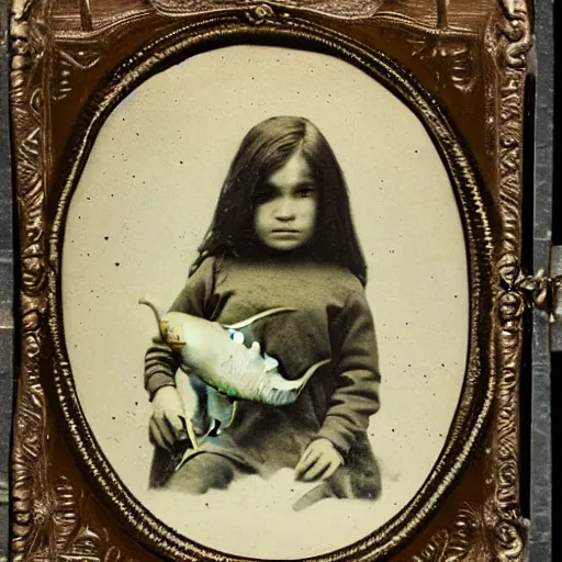 Image similar to tintype photo, floating underwater, child with huge squid