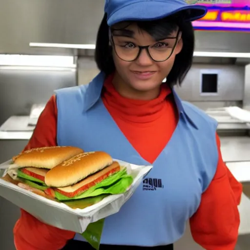 Image similar to a humanoid cat fast food worker