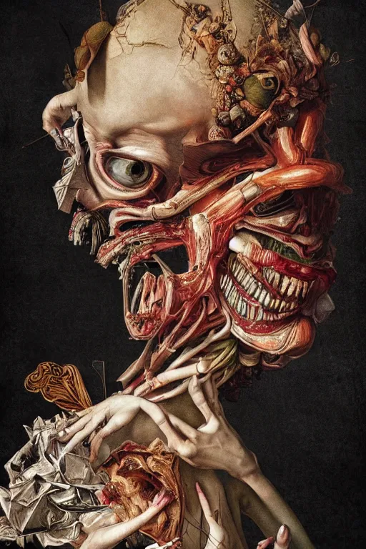 Image similar to Detailed maximalist portrait with large lips and with large, wide eyes, sad expression, HD mixed media, 3D collage, highly detailed and intricate, surreal anatomy, illustration in the style of Caravaggio, dark art, baroque