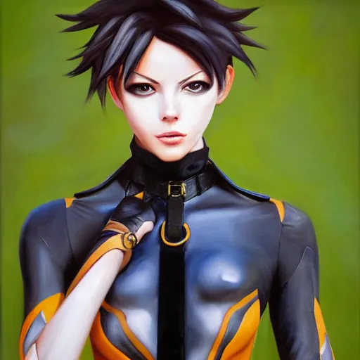 Image similar to oil painting of tracer overwatch in a field wearing very large black leather collar around neck, in style of mark arian, expressive face, very detailed face, wearing leather choker, very detailed eyes, full body, feminine face, detailed makeup on eyes,