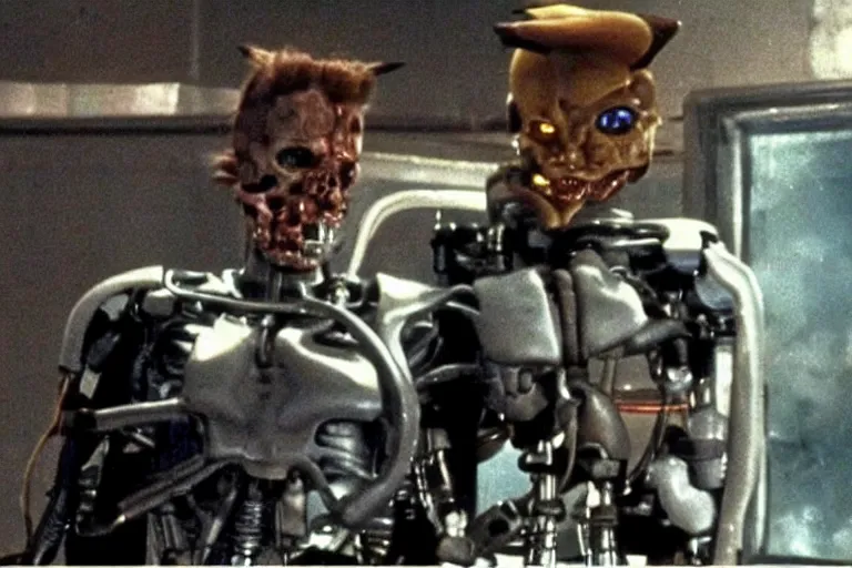 Image similar to Terminator Pikachu scene where his endoskeleton gets exposed still from the film, 1980s