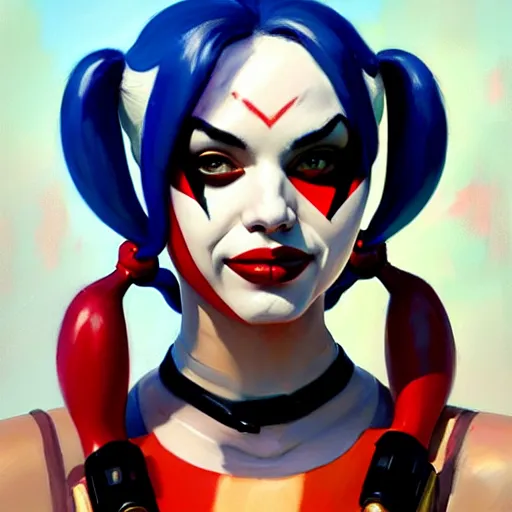 Image similar to Greg Manchess portrait painting of Harley Quinn as Overwatch character, medium shot, asymmetrical, profile picture, Organic Painting, sunny day, Matte Painting, bold shapes, hard edges, street art, trending on artstation, by Huang Guangjian and Gil Elvgren and Sachin Teng