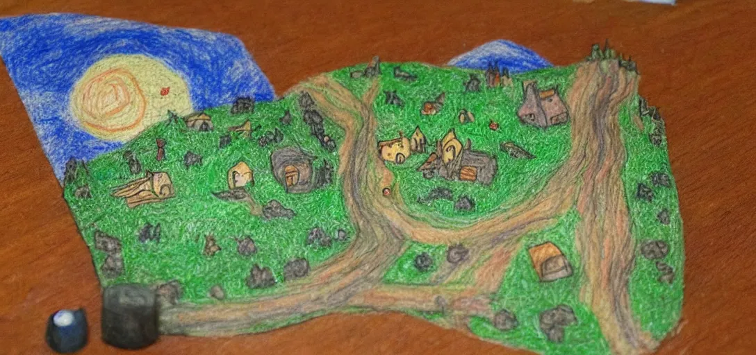 Image similar to The Shire poorly drawn in wax crayon by a five-year old