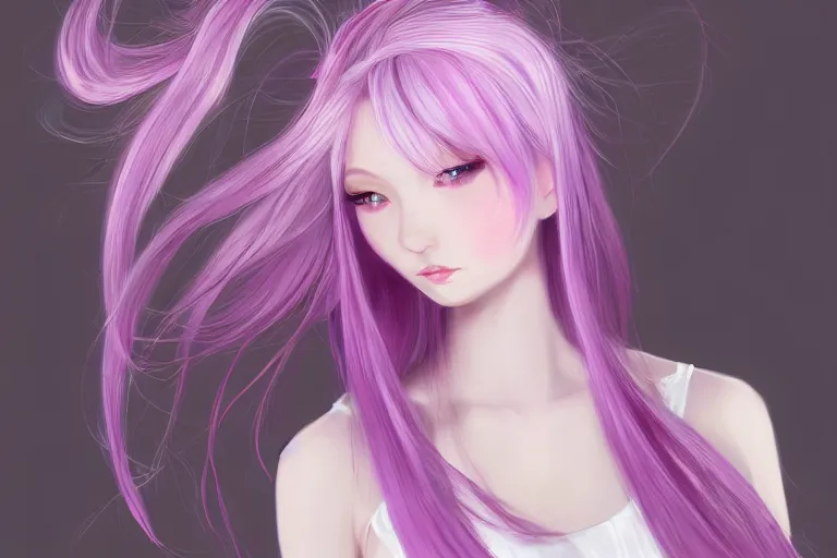 Image similar to A girl who's hair is light-silvery pink with orchid purple eyes, waist-length. Wearing a cherry blossom chopstick in the bun of her hair. Her skin is Ivory White pixiv artist WLOP artstation artist Mam BA artstation real photo very detailed