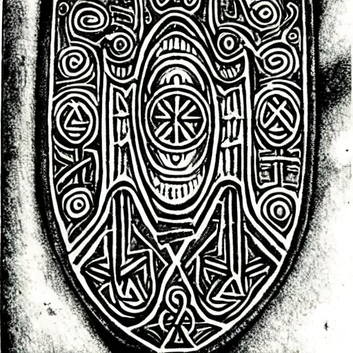 Prompt: shield iconography old occult runes intaglio etching engraving alchemy ink witchcraft