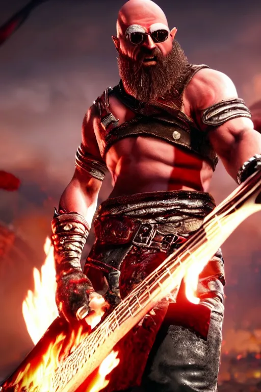 Prompt: sunglasses wearing kratos rocking out on a flaming stratocaster axe, cinematic render, god of war 2 0 1 8, playstation studios official media, lightning, flames, red stripe, red stripe