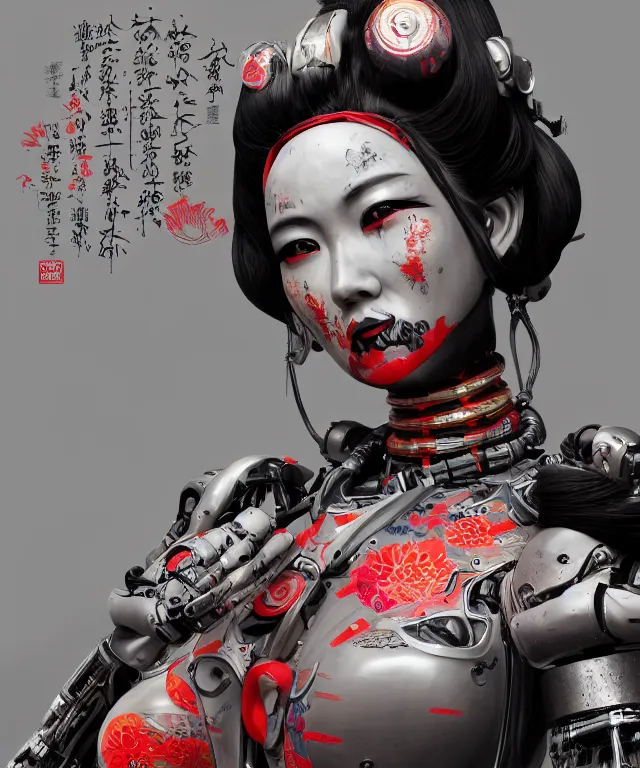 Image similar to an epic fantastic realism comic book style portrait painting of a japanese robotic geisha with kanji tattoos and decals, apex legends, octane render, intricate detail, 4 k hd, unreal engine 5, ex machina, irobot