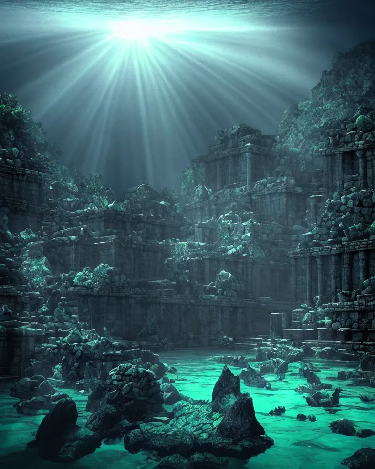 Prompt: full color, wide shot of submerged pre - incan temple, dark, underwater, symmetrical, crepuscular rays, bubbles, abyss, grenada underwater statue park, anime style mixed with fujifilm, very dark, murky, foggy, atmospheric, artstation, cgsociety, octane render, cgi, unreal engine 5, denoise, detailed, cinematic masterpiece