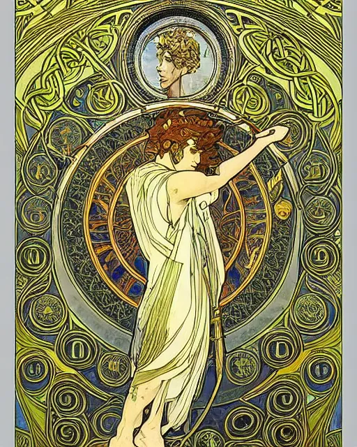 Prompt: an art nouveau painting of a the celtic god lugh, beautiful, shining sun, highly detailed, intricate, artstation, by alphonse mucha and james gurney