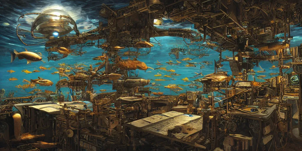 Image similar to cyborg fly in sky steampunk oceanographer study, maps crowding the walls, bookshelves, paintings of ocean topography, sonar equipment, marine biologist lab, bookshelves, incandescent lighting, unreal engine, bibliopunk