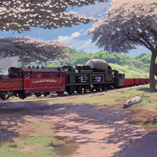 Prompt: concept art painting of a historic transverse view of a steam train, the train carries a cherry tree in flower, realistic, detailed, cel shaded, in the style of makoto shinkai and greg rutkowski and james gurney