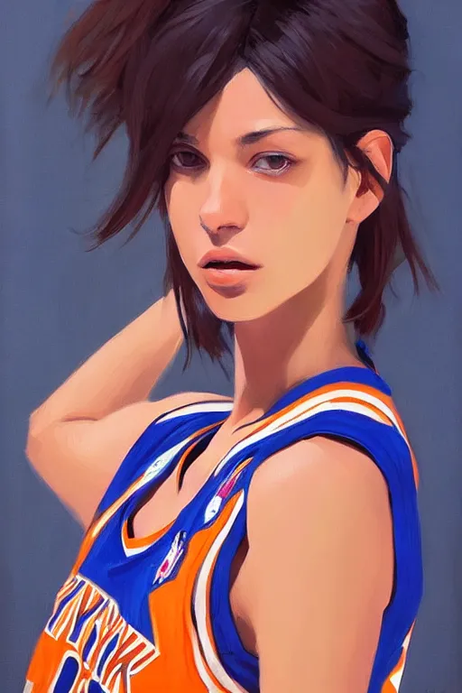 Image similar to A ultradetailed beautiful panting of a stylish woman, she is wearing a New York Knicks basketball jersey, Oil painting, by Ilya Kuvshinov, Greg Rutkowski and Makoto Shinkai