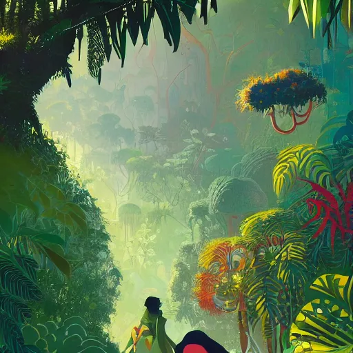 Prompt: painting of the jungle by victo ngai and malika favre, by rhads, makoto shinkai, madgwick, masterpiece, contest award winner