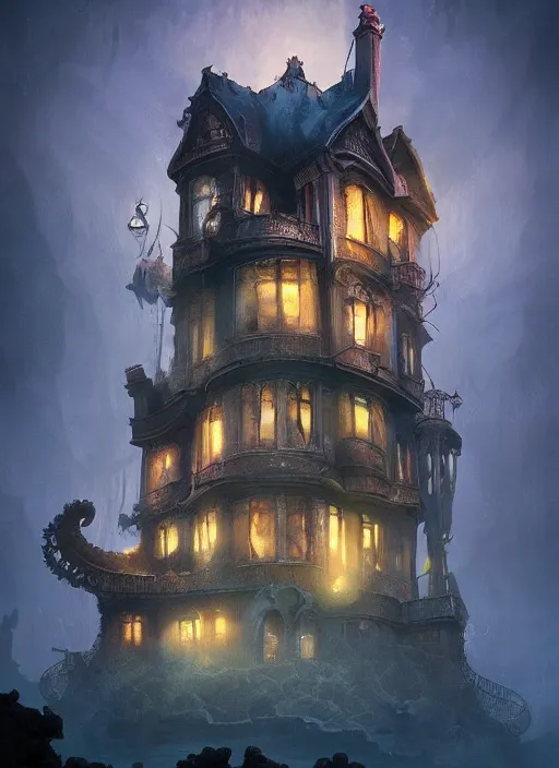 Prompt: giant tentacles destroying a glowing mansion in burning vapor dramatic lighting, artstation, matte painting, alexander jansson, allen williams, artem chebokha