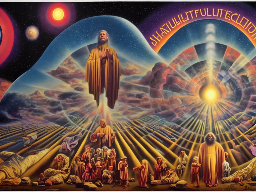 Image similar to a beautiful future for human evolution, spiritual science, holy divinity, utopian, by david a. hardy, wpa, public works mural, socialist