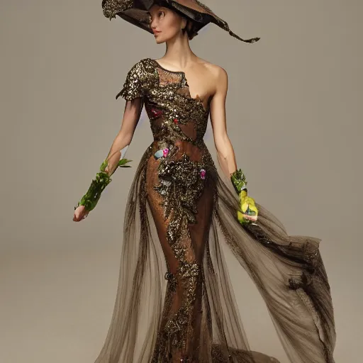 Image similar to exclusive evening dress made of bronze transparent fabric fantasy with colored flower petals made of fabric. intricate asymmetrical patterns. an elegant hat. hyperrealistic photos, clear details.